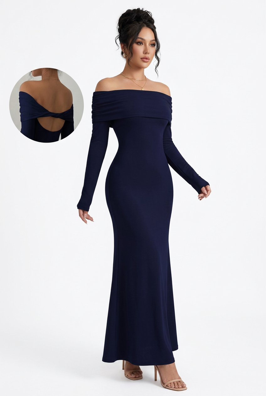 Dark blue off-shoulder maxi dress, full-body front view with twist-back detail inset