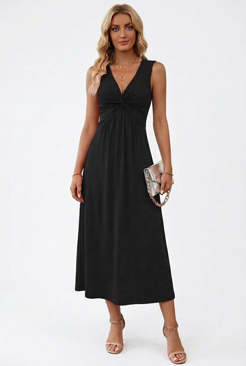 Twist-Front Sleeveless V-Neck Dress
