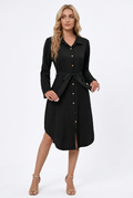 Black belted button-front shirt dress with long sleeves and curved hem, full-body front angled view