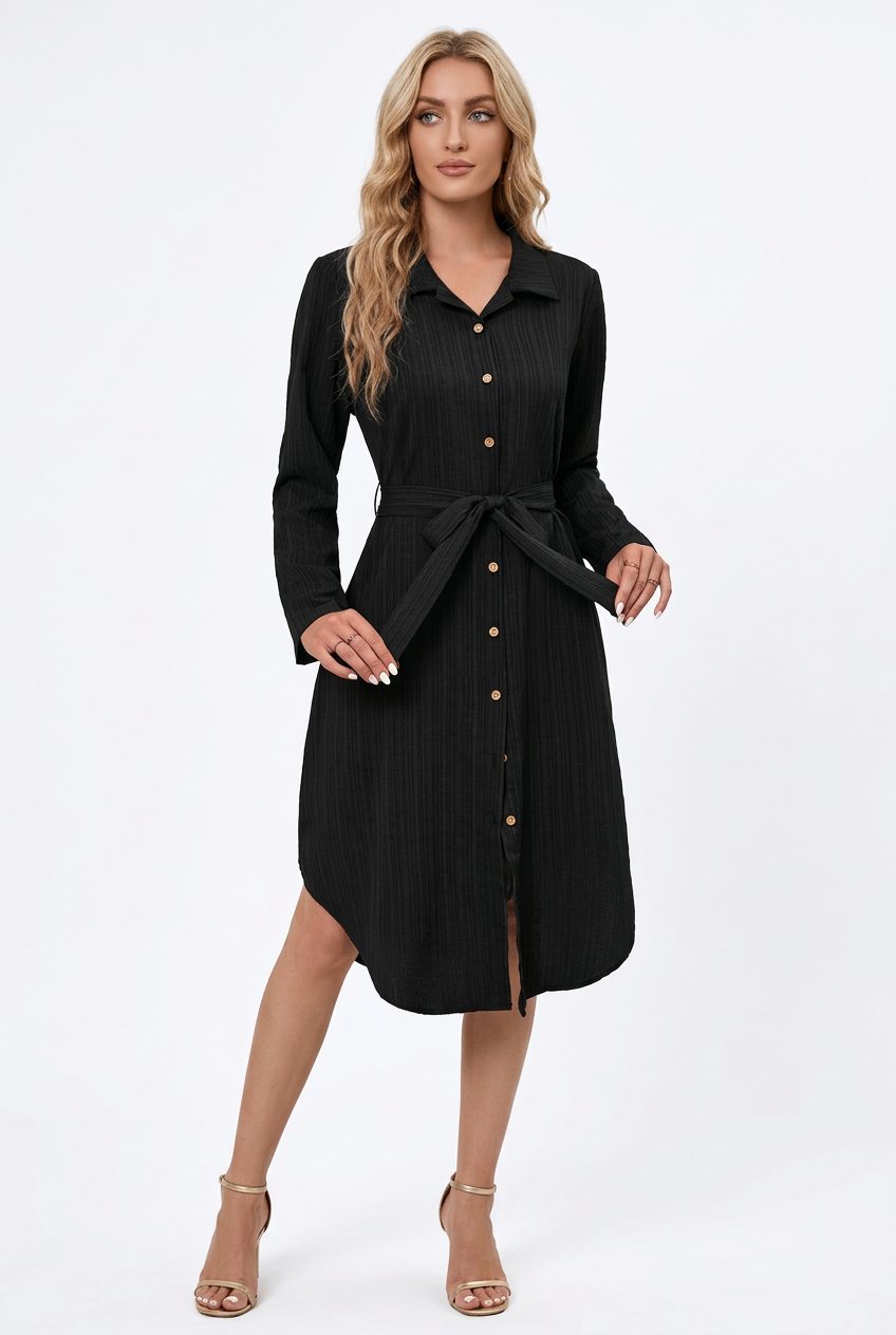 Black belted button-front shirt dress with long sleeves and curved hem, full-body front angled view