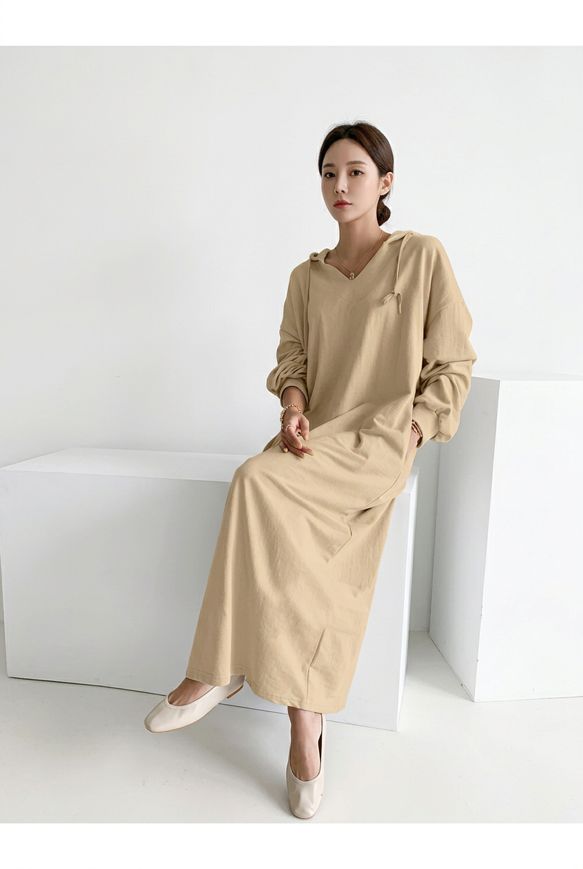 Full-body seated front angled view of khaki hooded maxi sweater dress on a white studio set