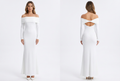 White off-shoulder long-sleeve maxi dress, full-body front and twist-back cutout views
