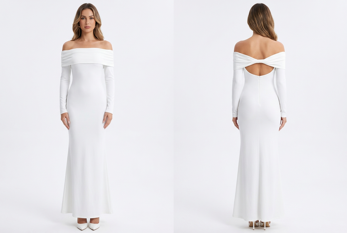 White off-shoulder long-sleeve maxi dress, full-body front and twist-back cutout views