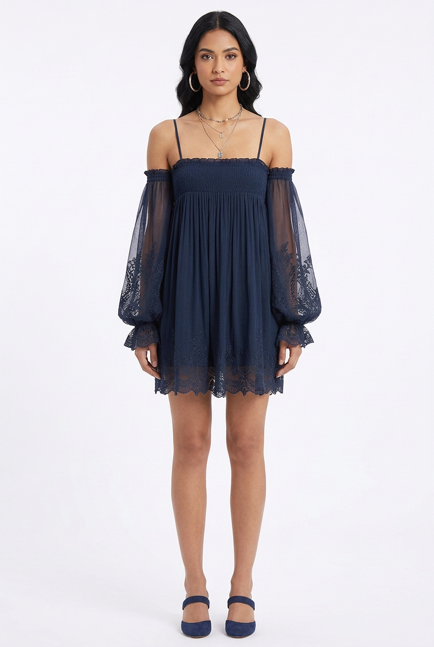 Blue cold-shoulder mini dress with smocked bodice and sheer lace balloon sleeves, full-body front view