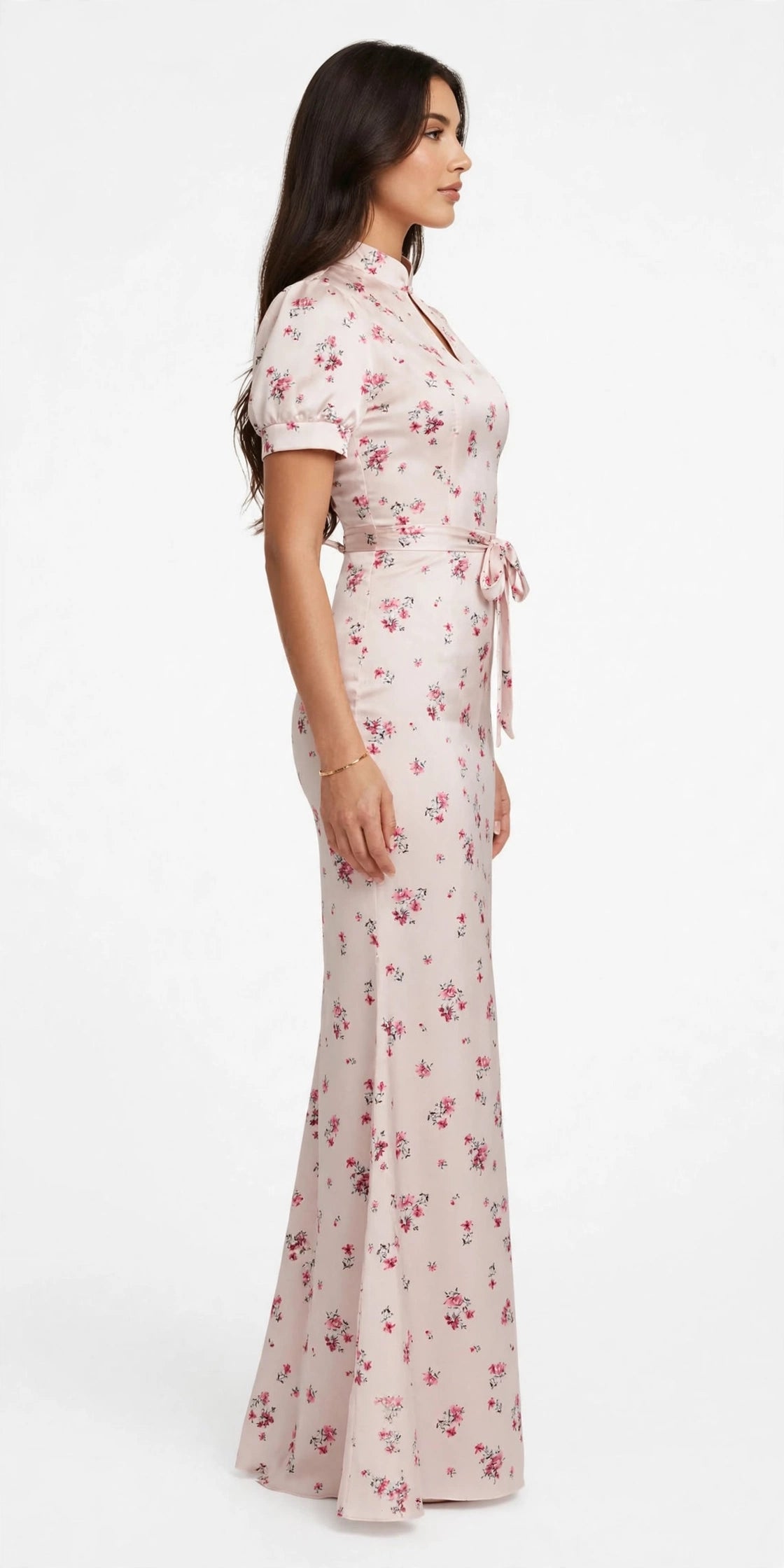 Floral Satin High Neck Mermaid Maxi Dress - side view