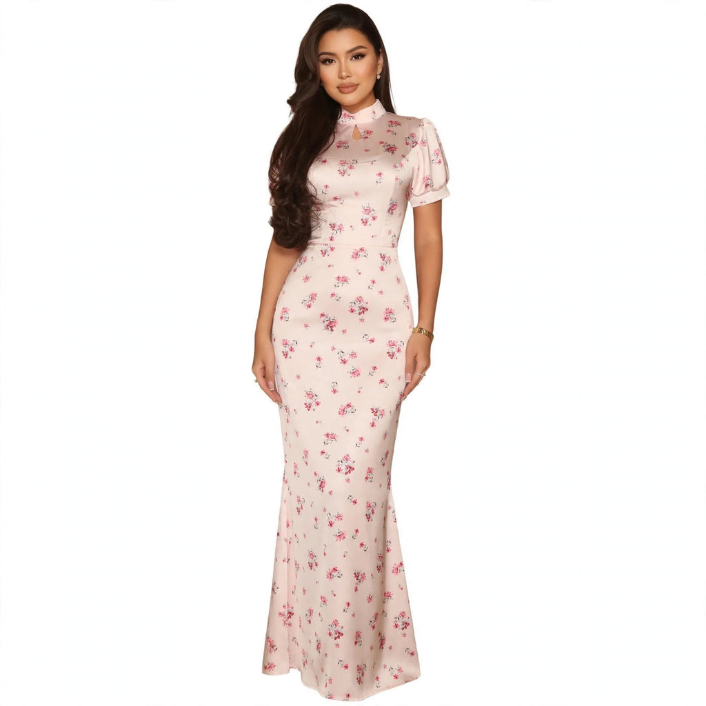 Floral Satin High Neck Mermaid Maxi Dress - front view
