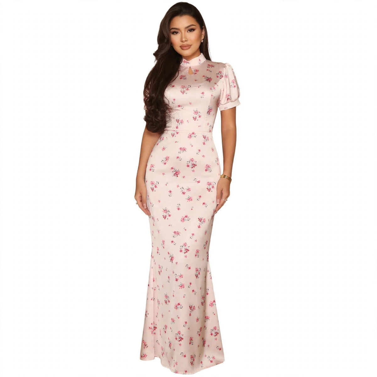 Floral Satin High Neck Mermaid Maxi Dress - front view