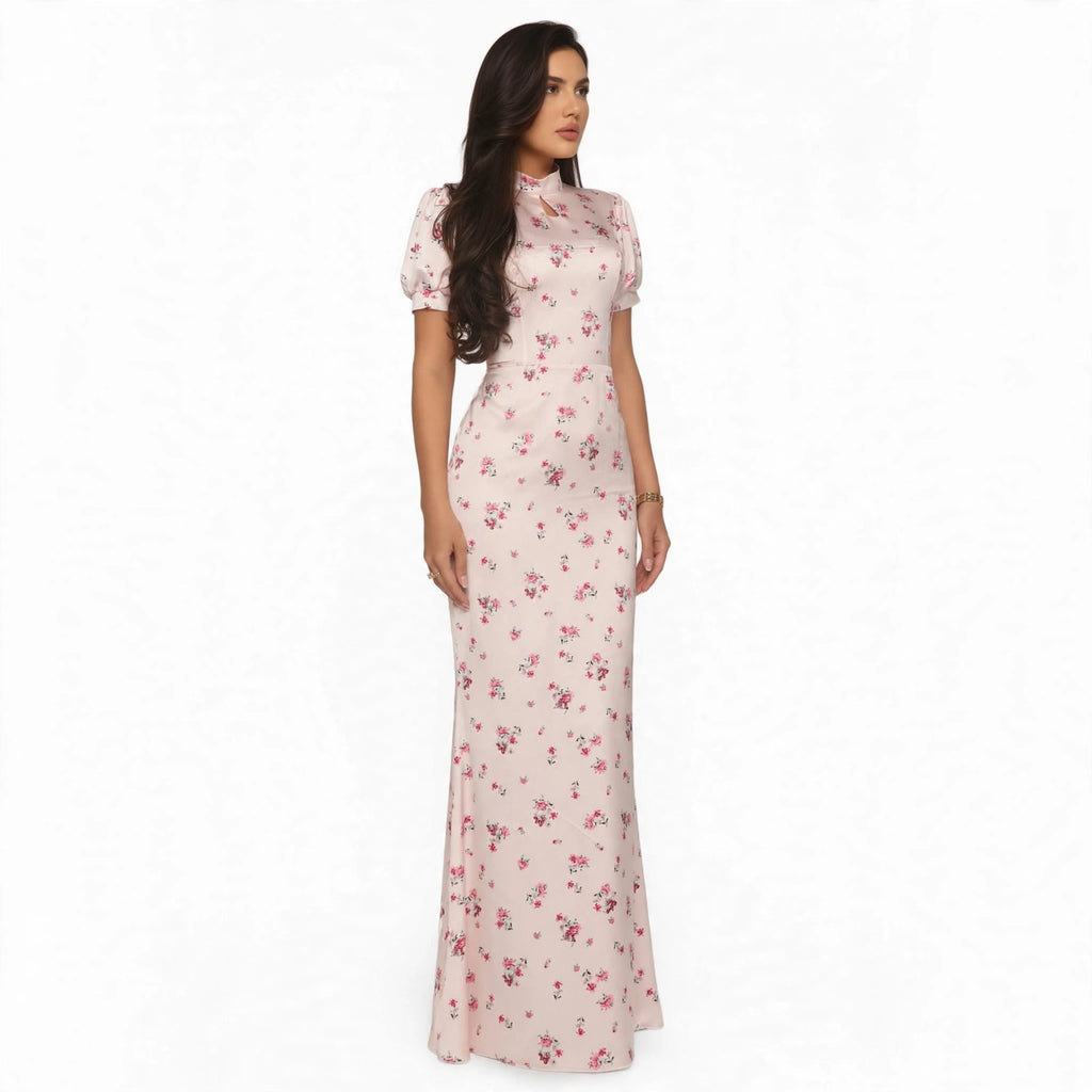 Floral Satin High Neck Mermaid Maxi Dress - three-quarter view