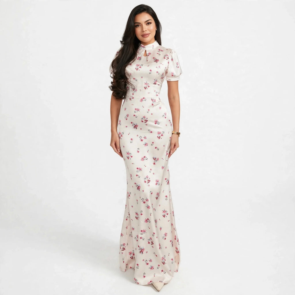 Floral Satin High Neck Mermaid Maxi Dress