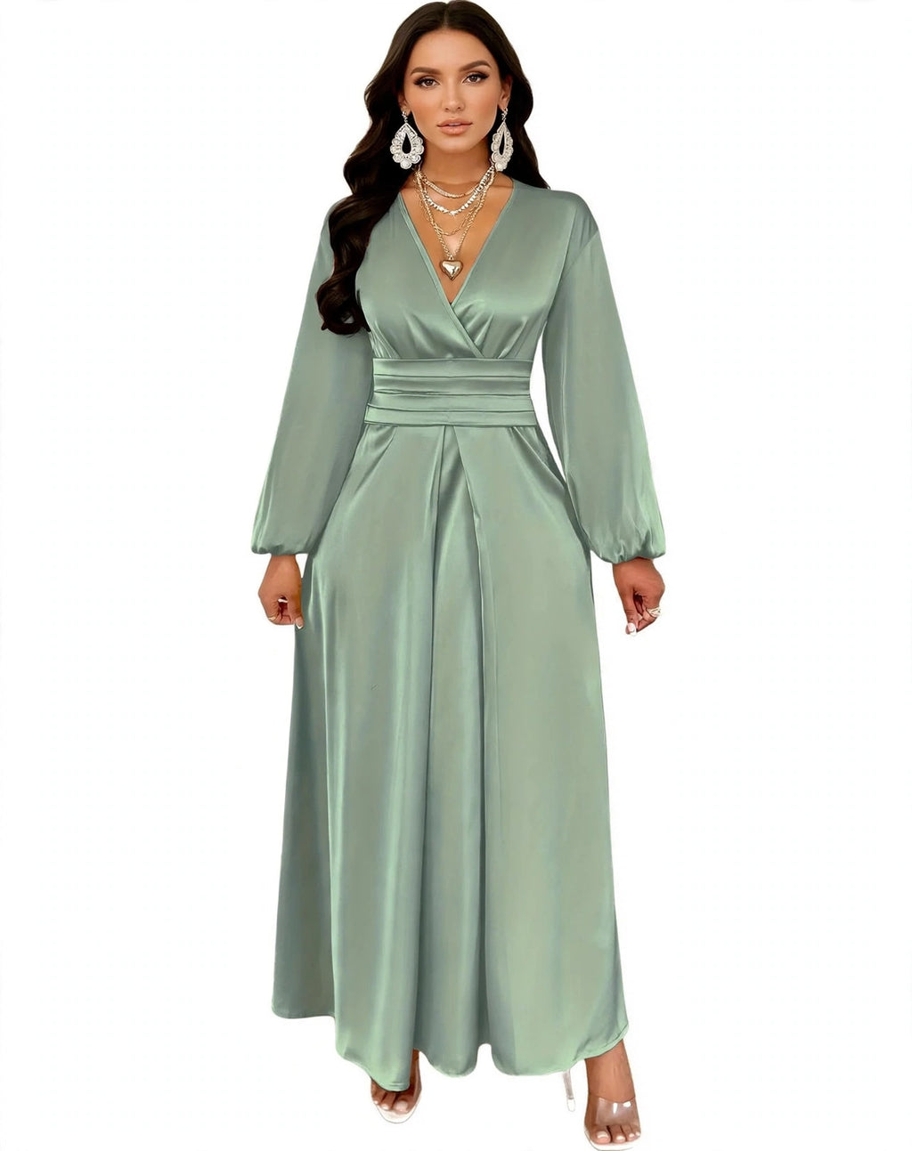 Satin V-neck Waist-cinched Maxi Dress - sage green