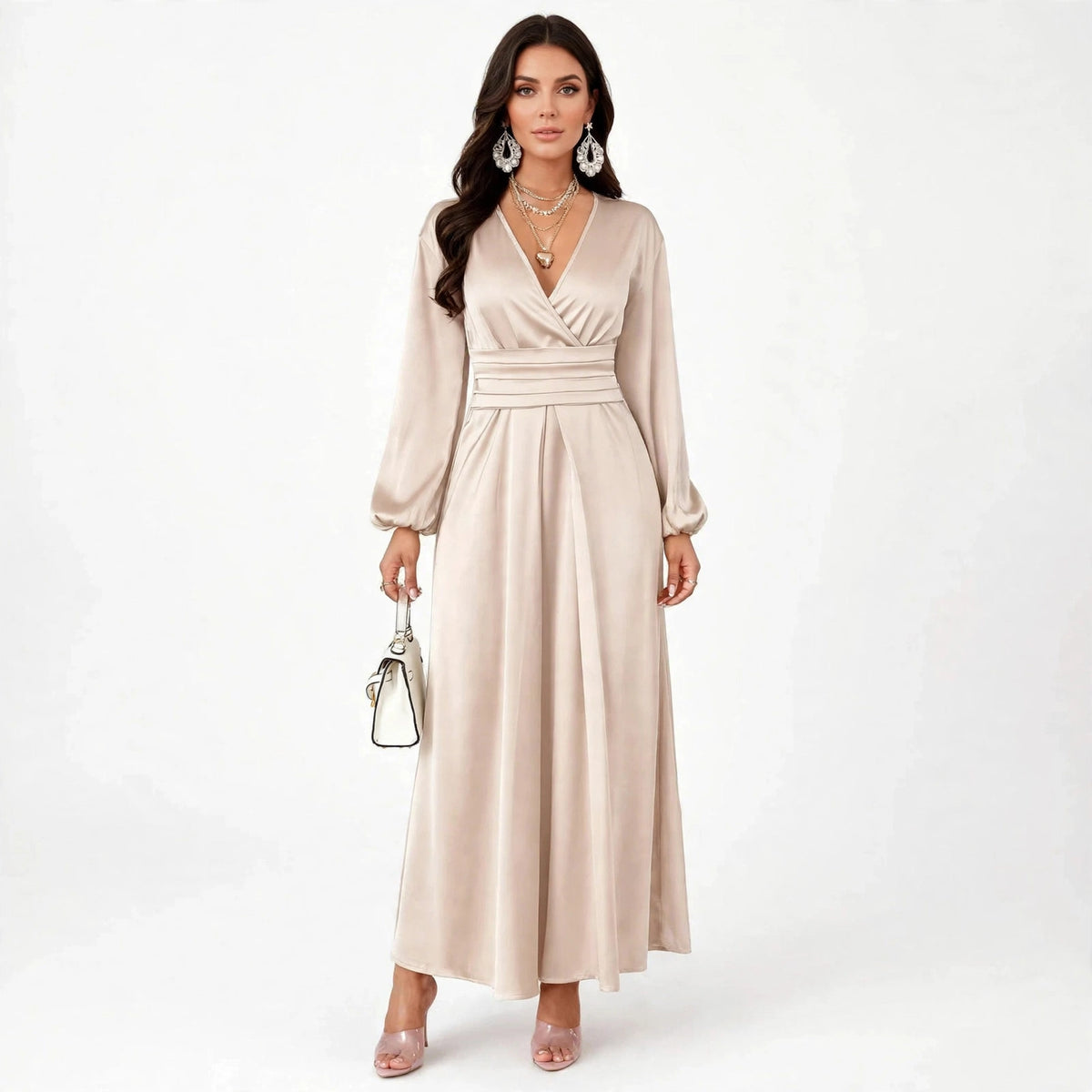 Satin V-neck Waist-cinched Maxi Dress - champagne