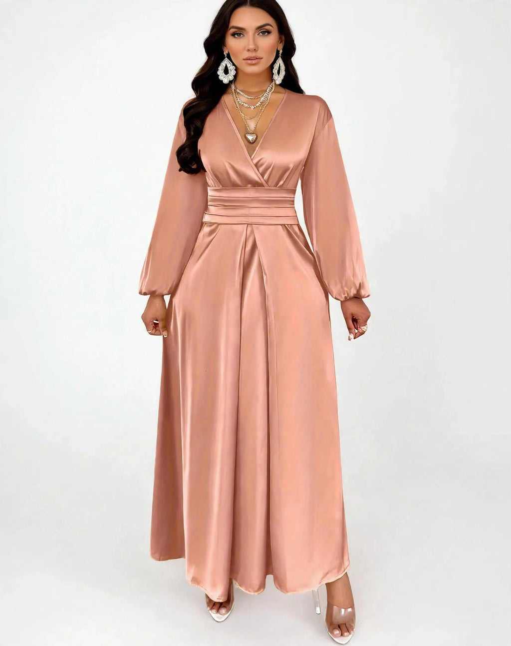 Satin V-neck Waist-cinched Maxi Dress - dusty rose
