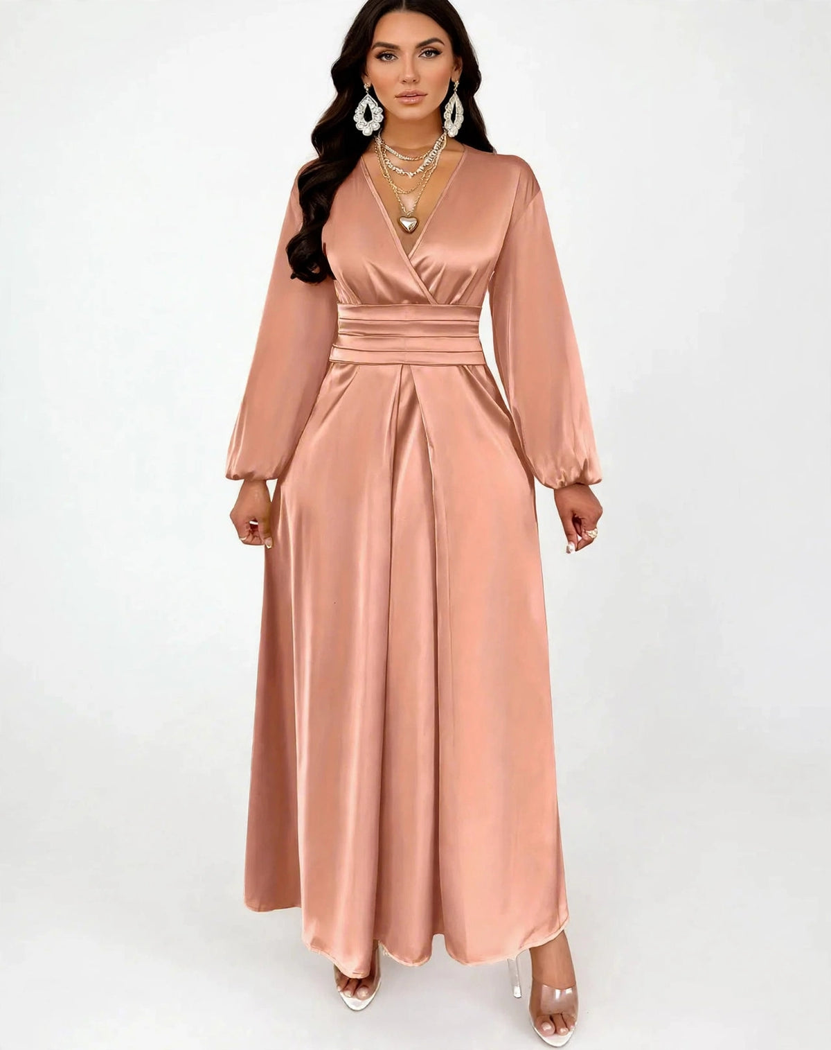Satin V-neck Waist-cinched Maxi Dress - dusty rose