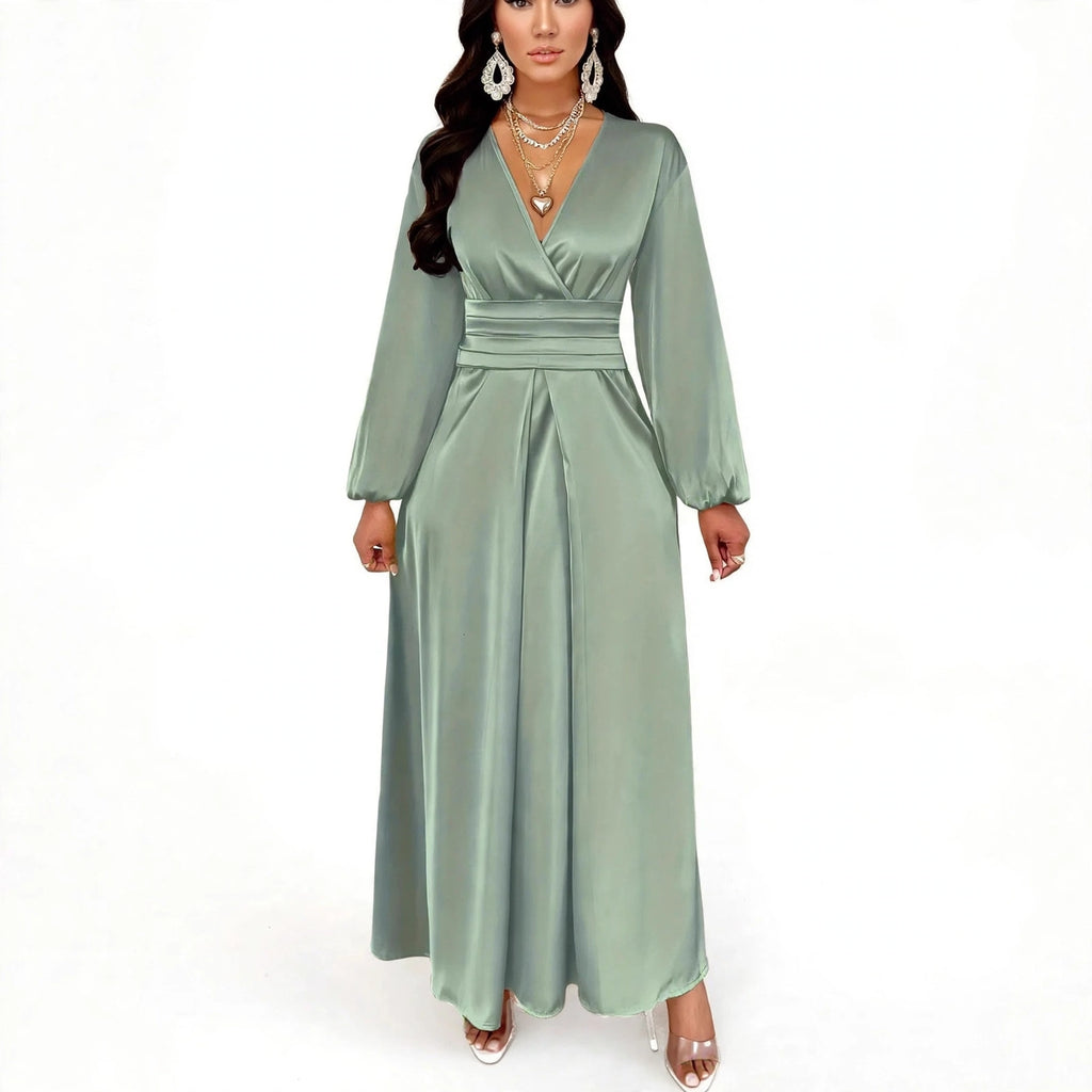 Satin V-neck Waist-cinched Maxi Dress - sage green