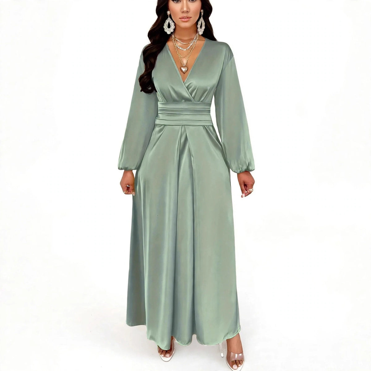 Satin V-neck Waist-cinched Maxi Dress - sage green