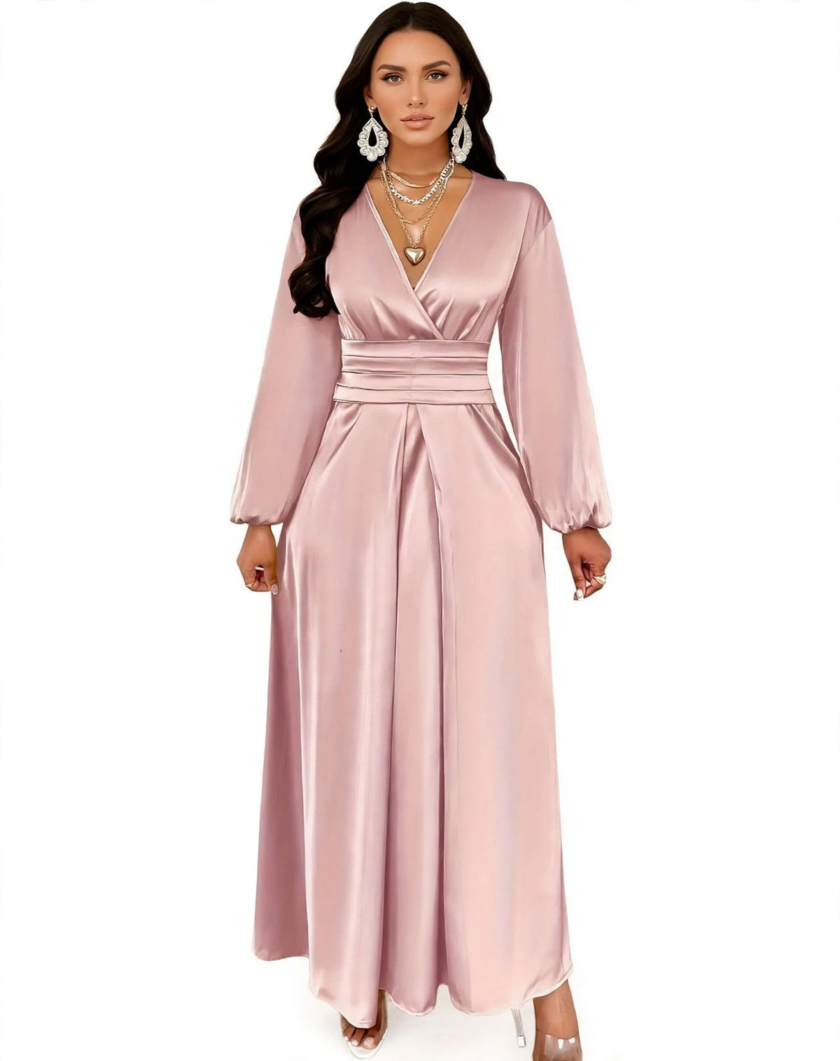 Satin V-neck Waist-cinched Maxi Dress - dusty pink