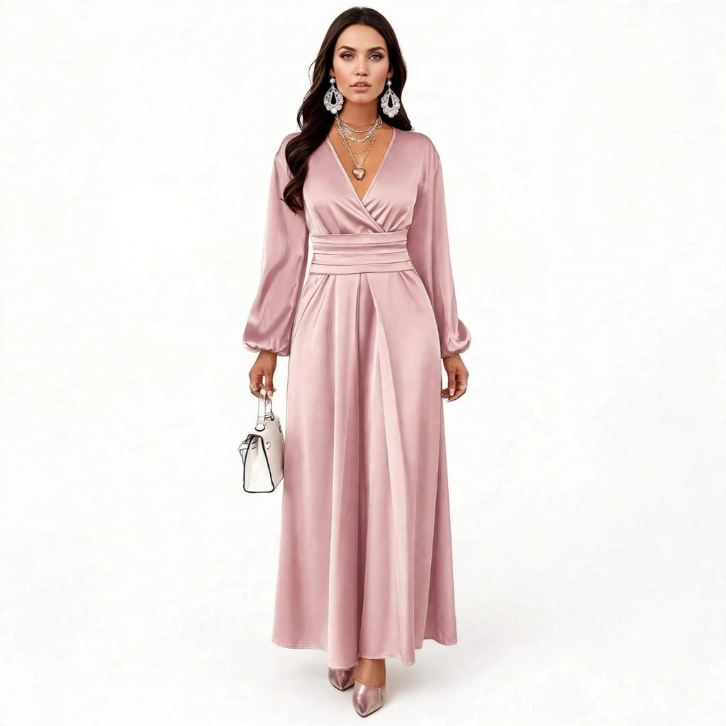 Satin V-neck Waist-cinched Maxi Dress - dusty pink