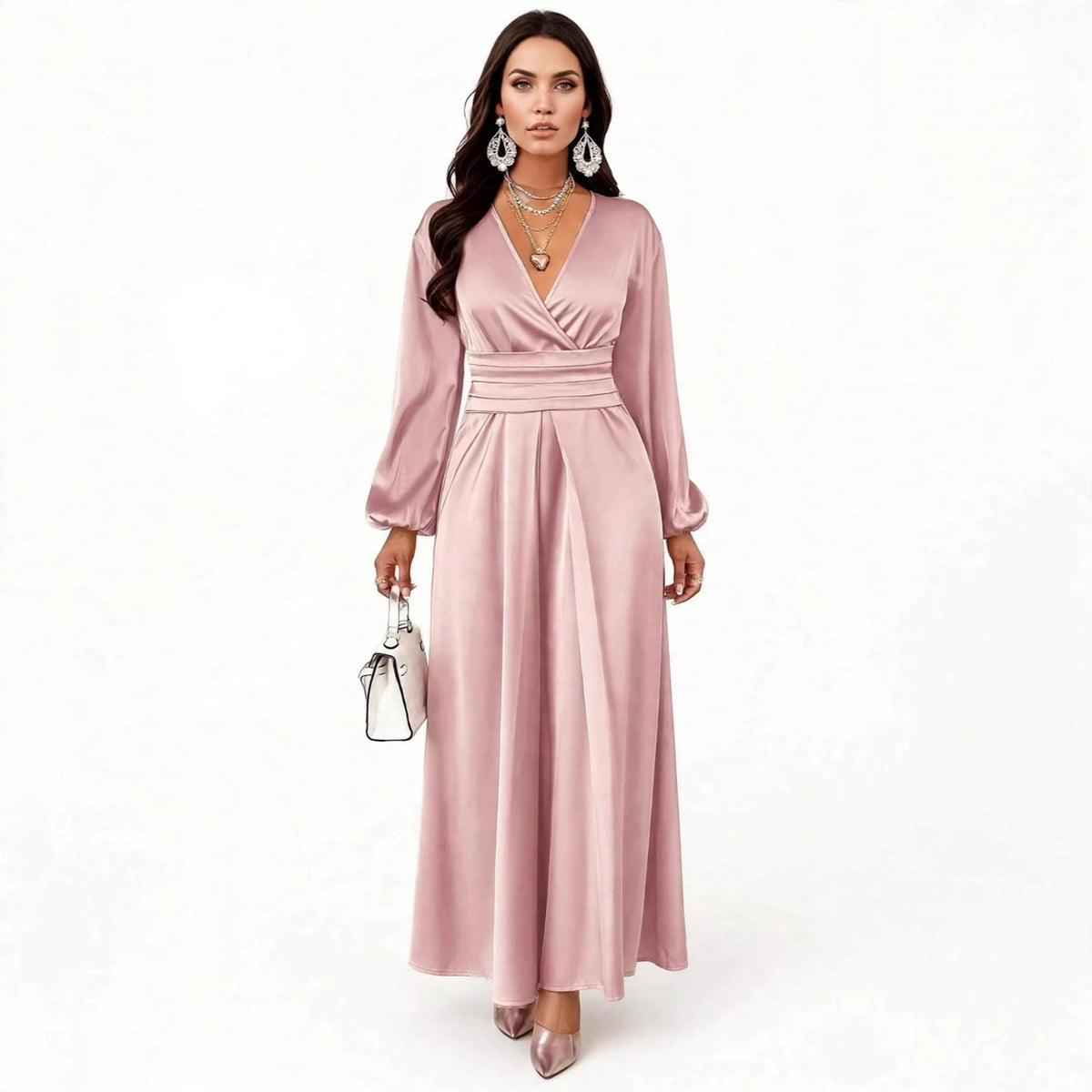 Satin V-neck Waist-cinched Maxi Dress - dusty pink