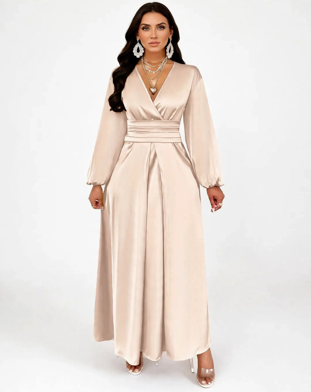 Satin V-neck Waist-cinched Maxi Dress - champagne