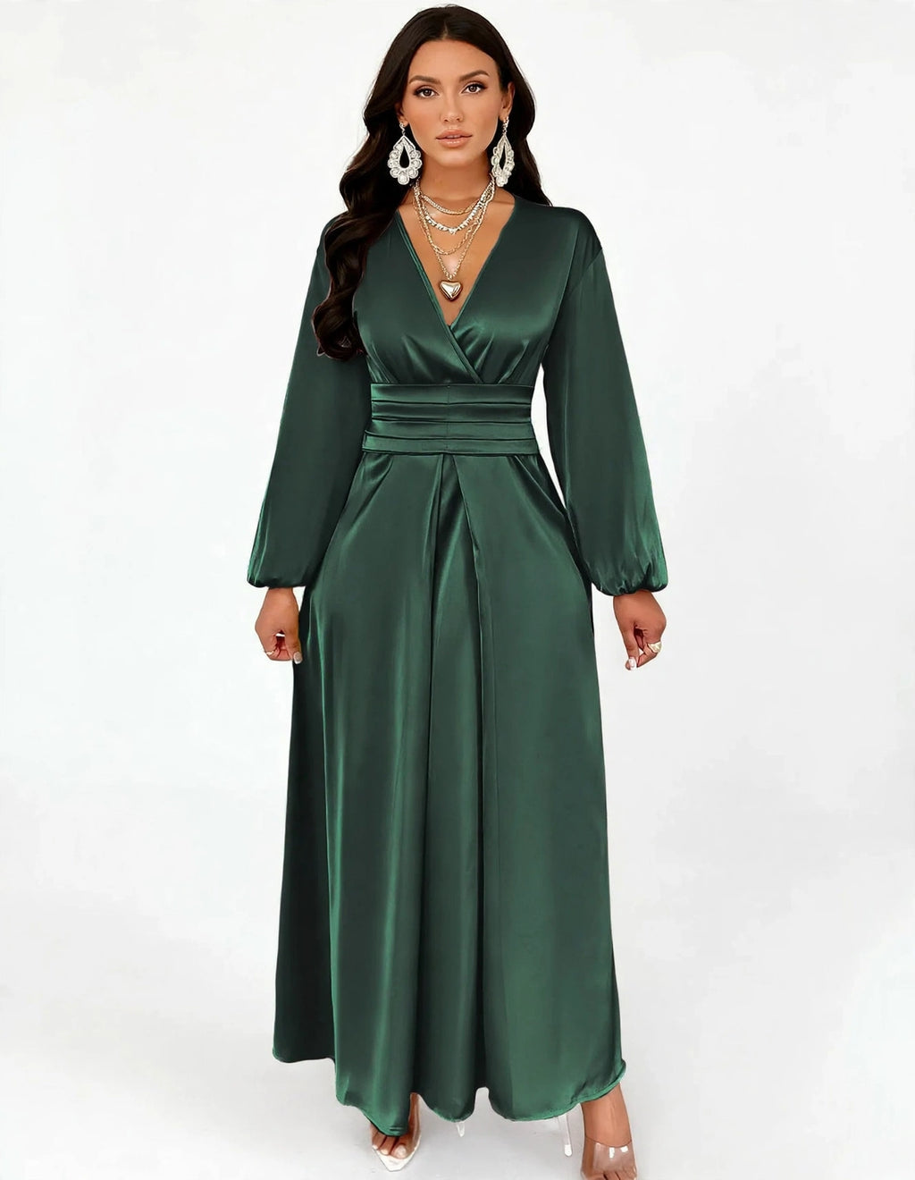 Satin V-neck Waist-cinched Maxi Dress - emerald