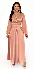 Satin V-neck Waist-cinched Maxi Dress With Puff Sleeves