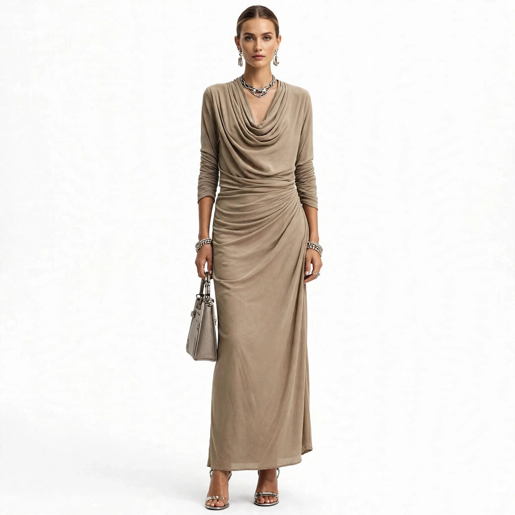 Women's Draped Boat-neck Long-sleeve Dress - taupe