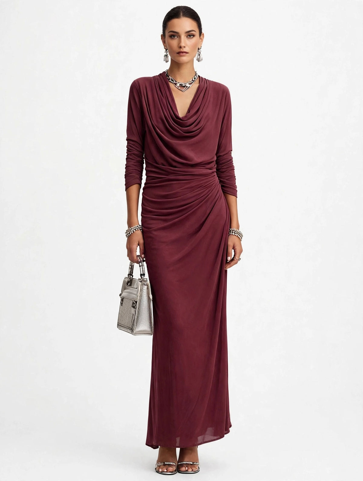 Women's Draped Boat-neck Long-sleeve Dress - burgundy