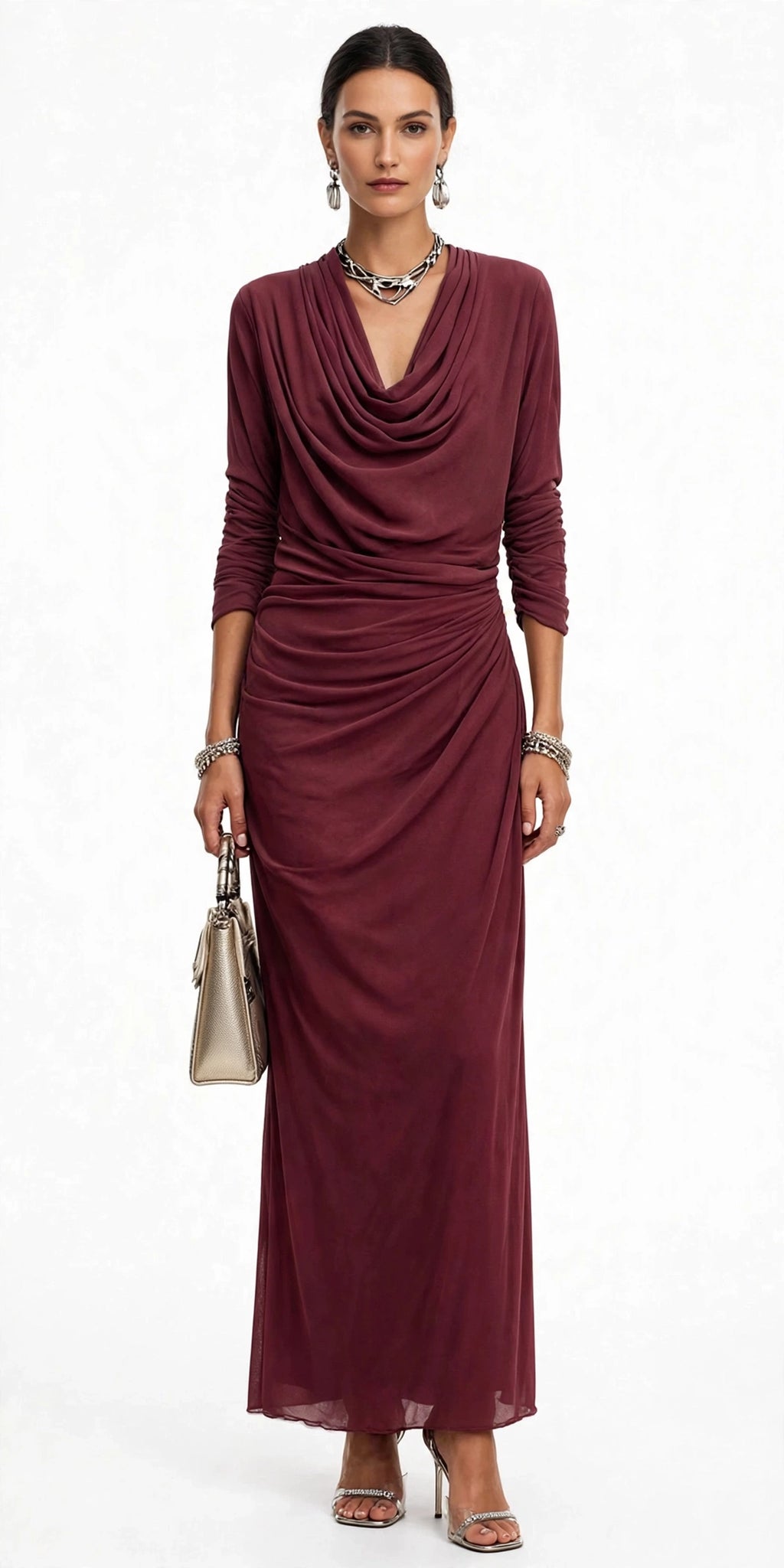 Women's Draped Boat-neck Long-sleeve Dress - burgundy