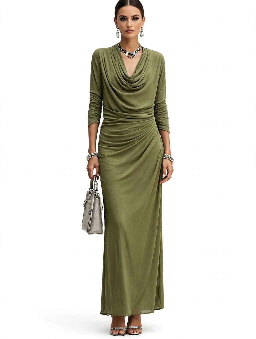 Women's Draped Boat-neck Long-sleeve Dress - olive green