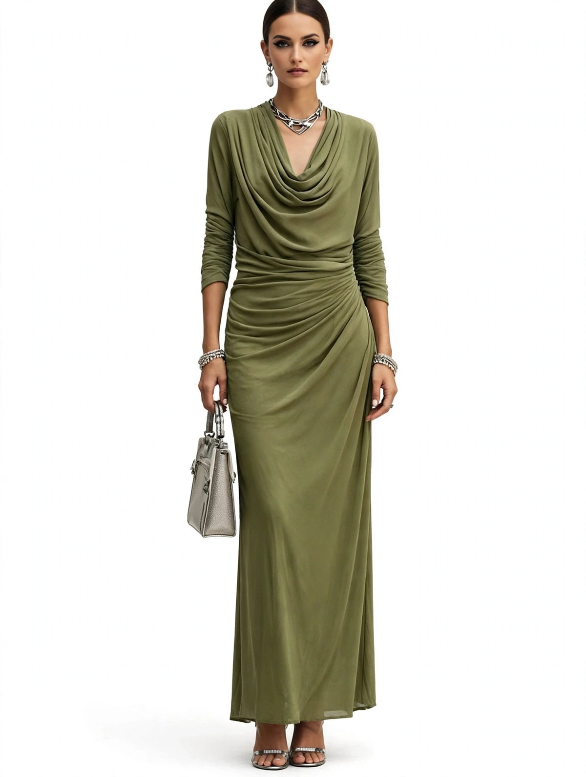 Women's Draped Boat-neck Long-sleeve Dress - olive green