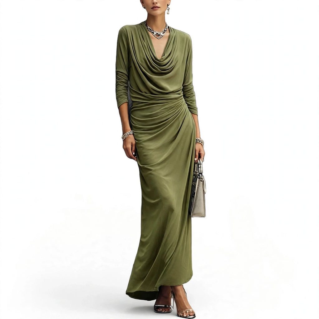 Women's Draped Boat-neck Long-sleeve Dress - olive green