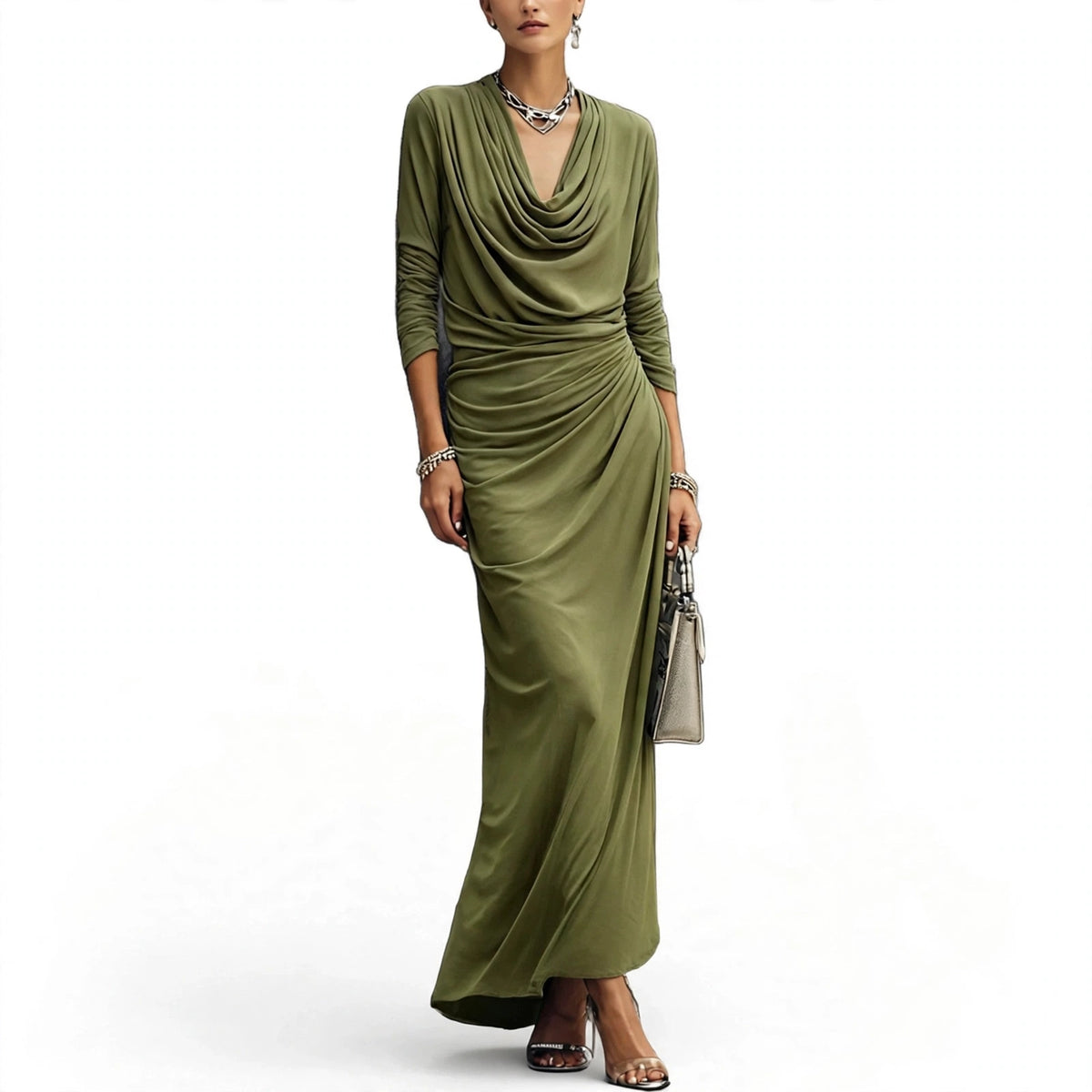 Women's Draped Boat-neck Long-sleeve Dress - olive green
