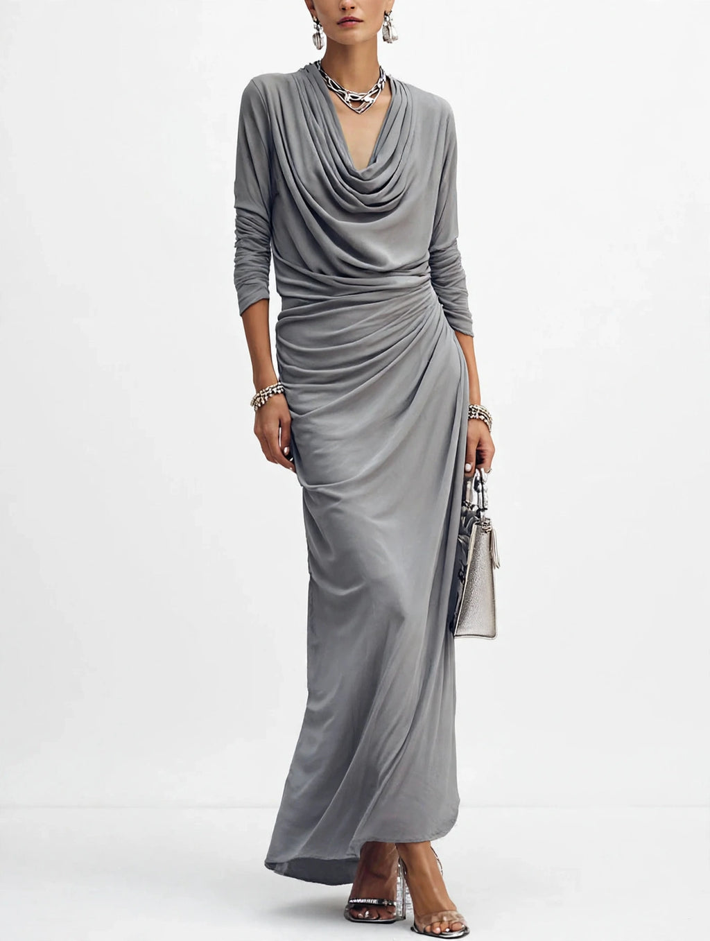 Women's Draped Boat-neck Long-sleeve Dress - gray