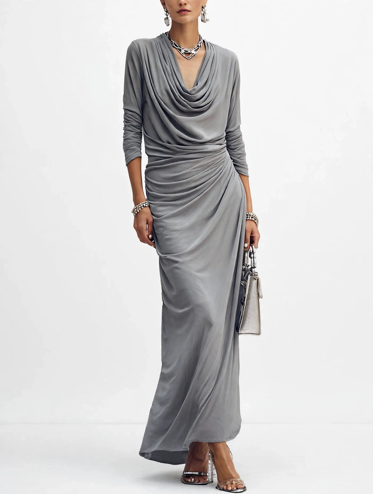 Women's Draped Boat-neck Long-sleeve Dress - gray