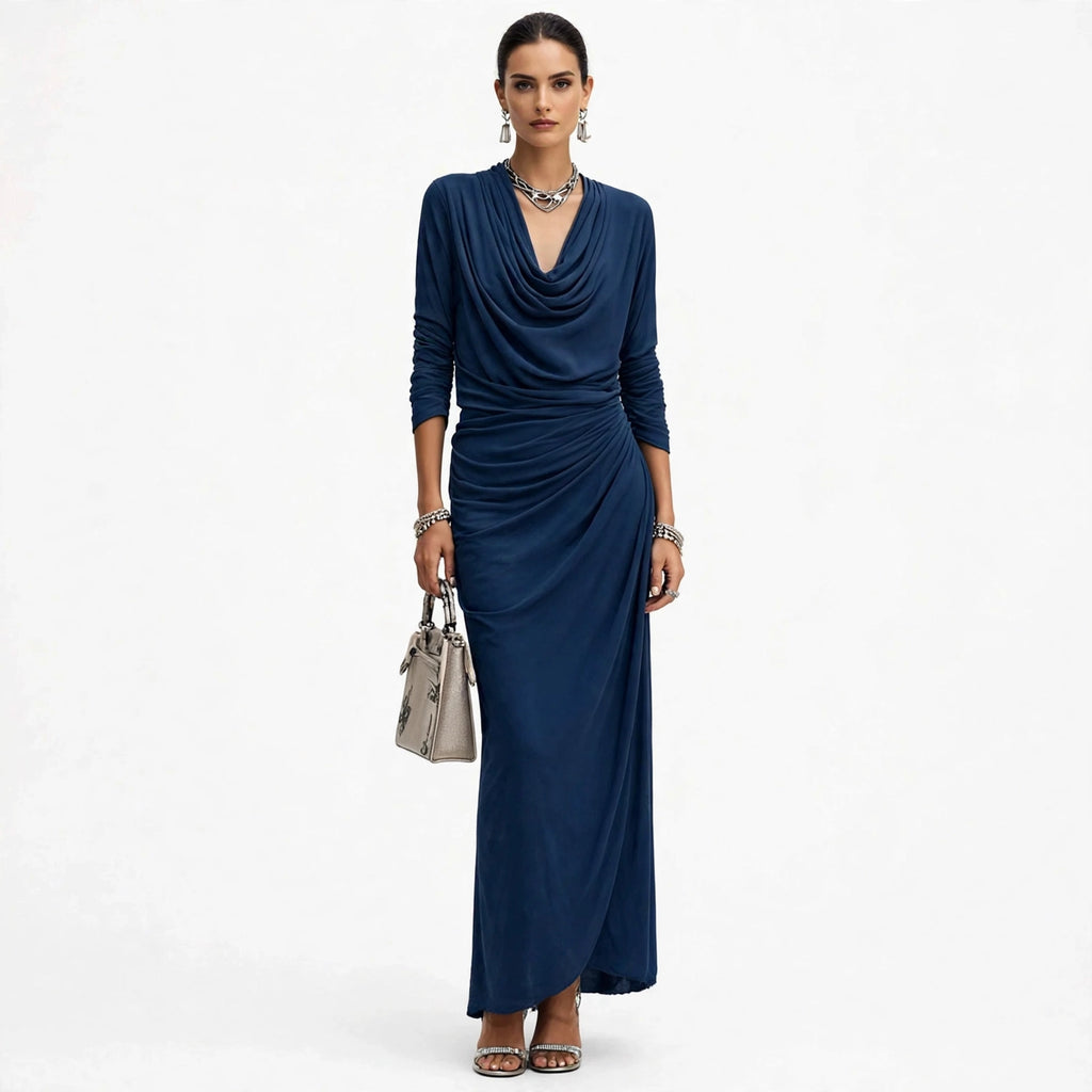 Women's Draped Boat-neck Long-sleeve Dress - navy blue