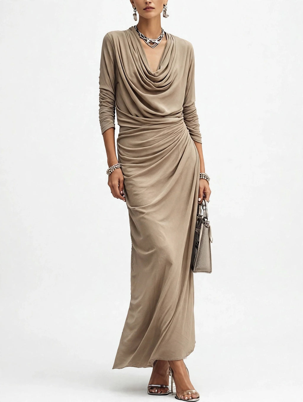 Women's Draped Boat-neck Long-sleeve Dress - taupe