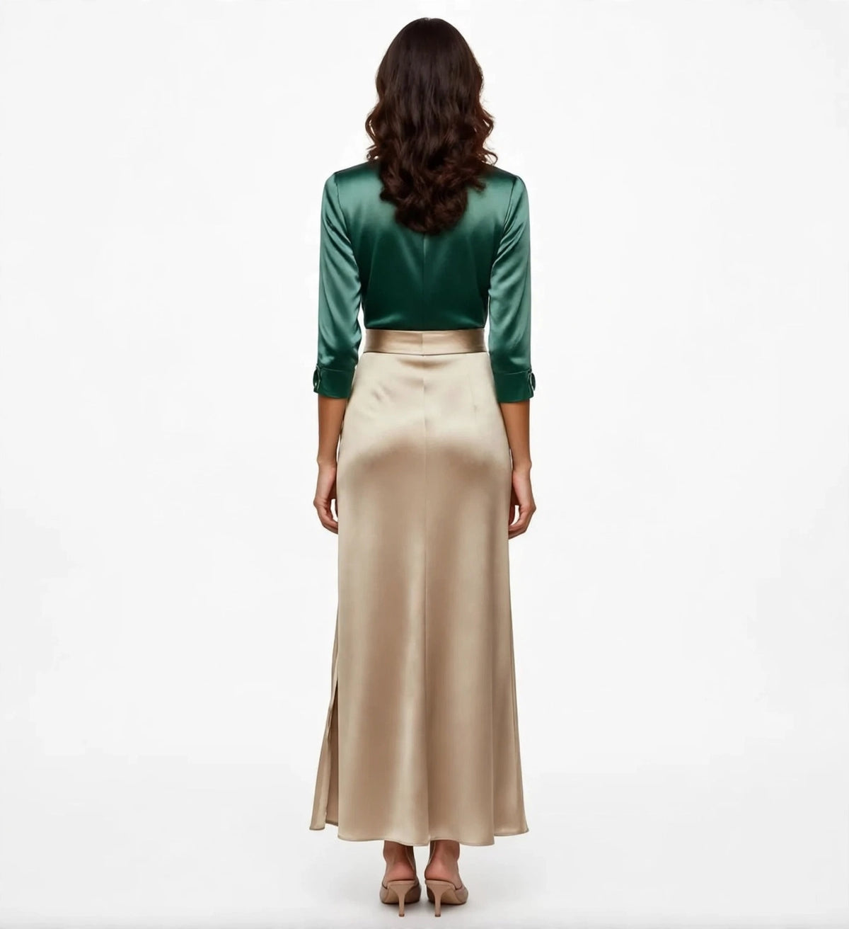 Satin Two-Piece Set Emerald Top Champagne Skirt - back view
