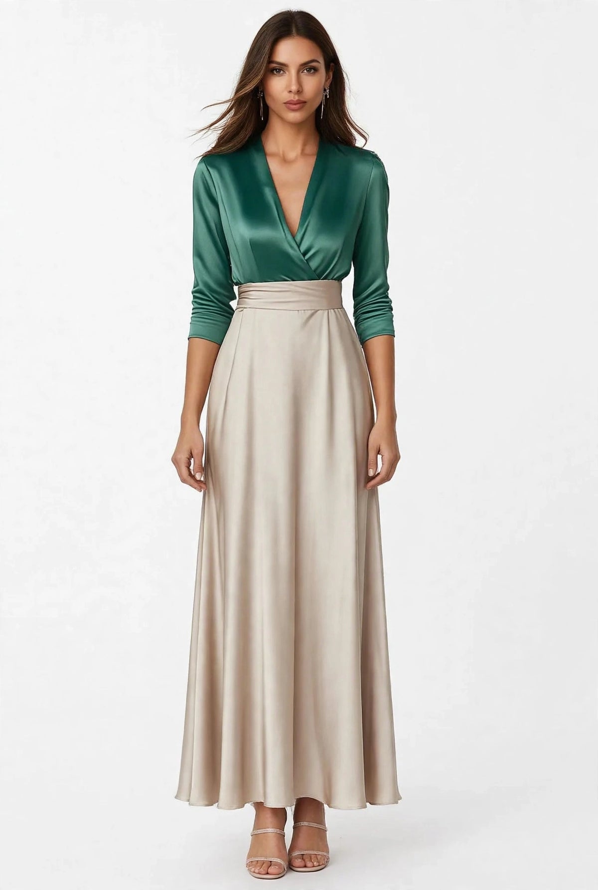 Satin Two-Piece Set Emerald Top Champagne Skirt - front view