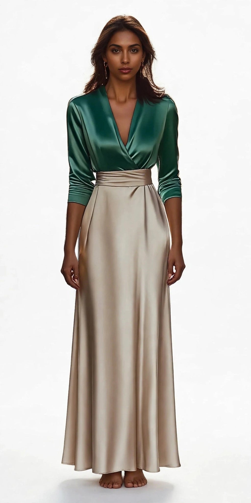 Satin Two-Piece Set Emerald Top Champagne Skirt - front view
