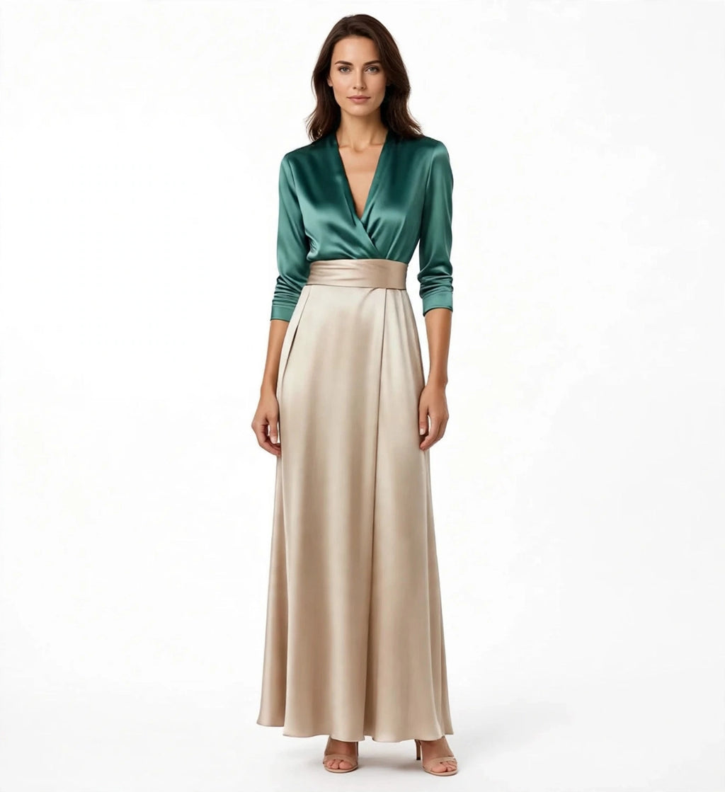 Satin Two-Piece Set Emerald Top Champagne Skirt - front view