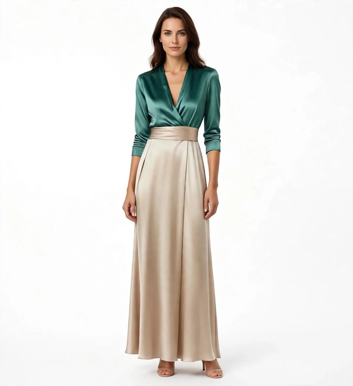 Satin Two-Piece Set Emerald Top Champagne Skirt - front view