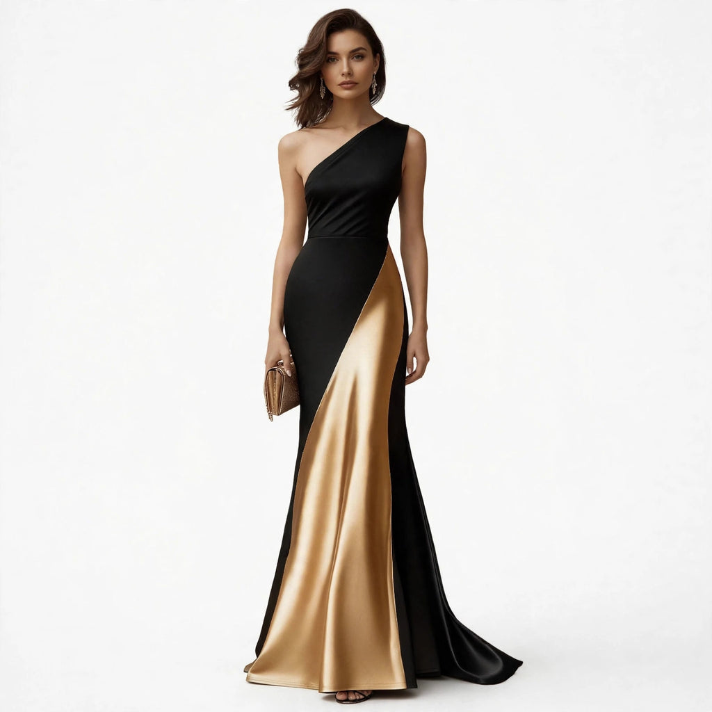 Womens Stylish And Elegant Satin Dress - black gold gown